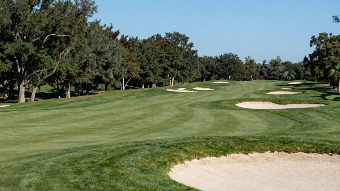 Golf ball flying over a long, green golf course.