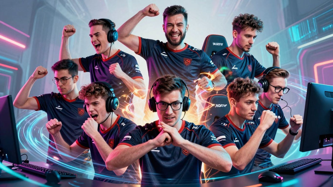 Esports players in action with neon lights and digital effects.