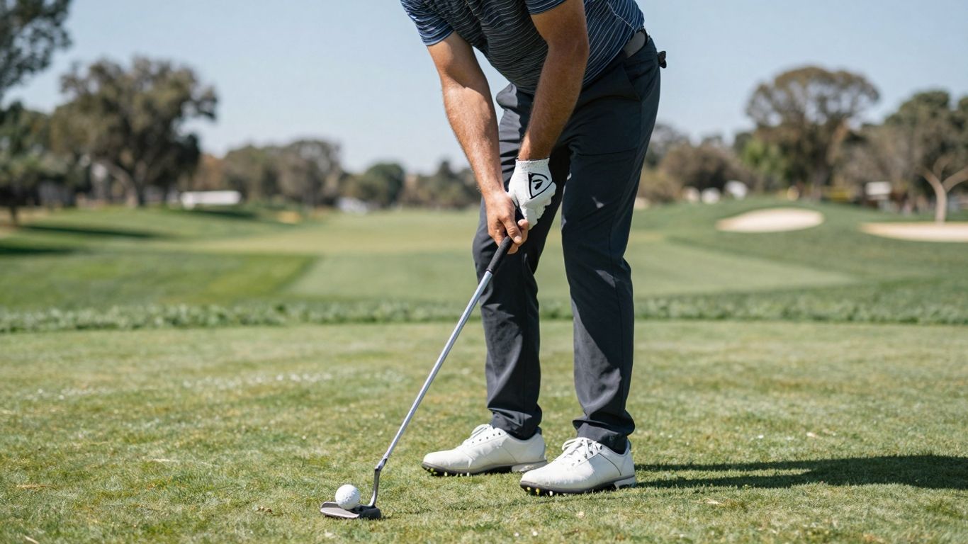 Golfer making a putt on a sunny golf course.