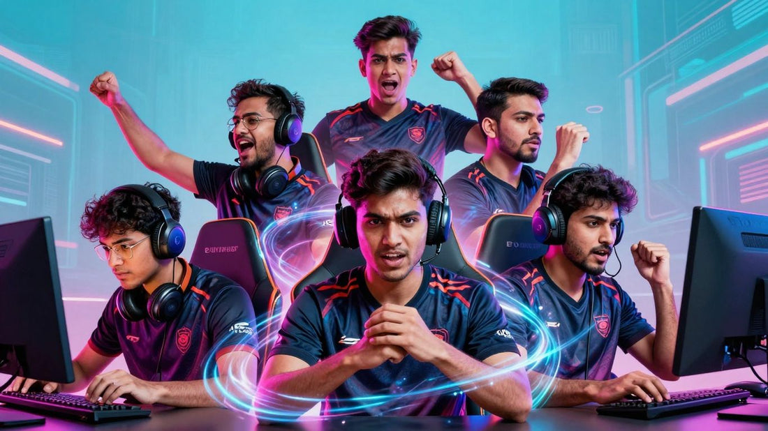 Esports players in action with neon lights and digital effects.