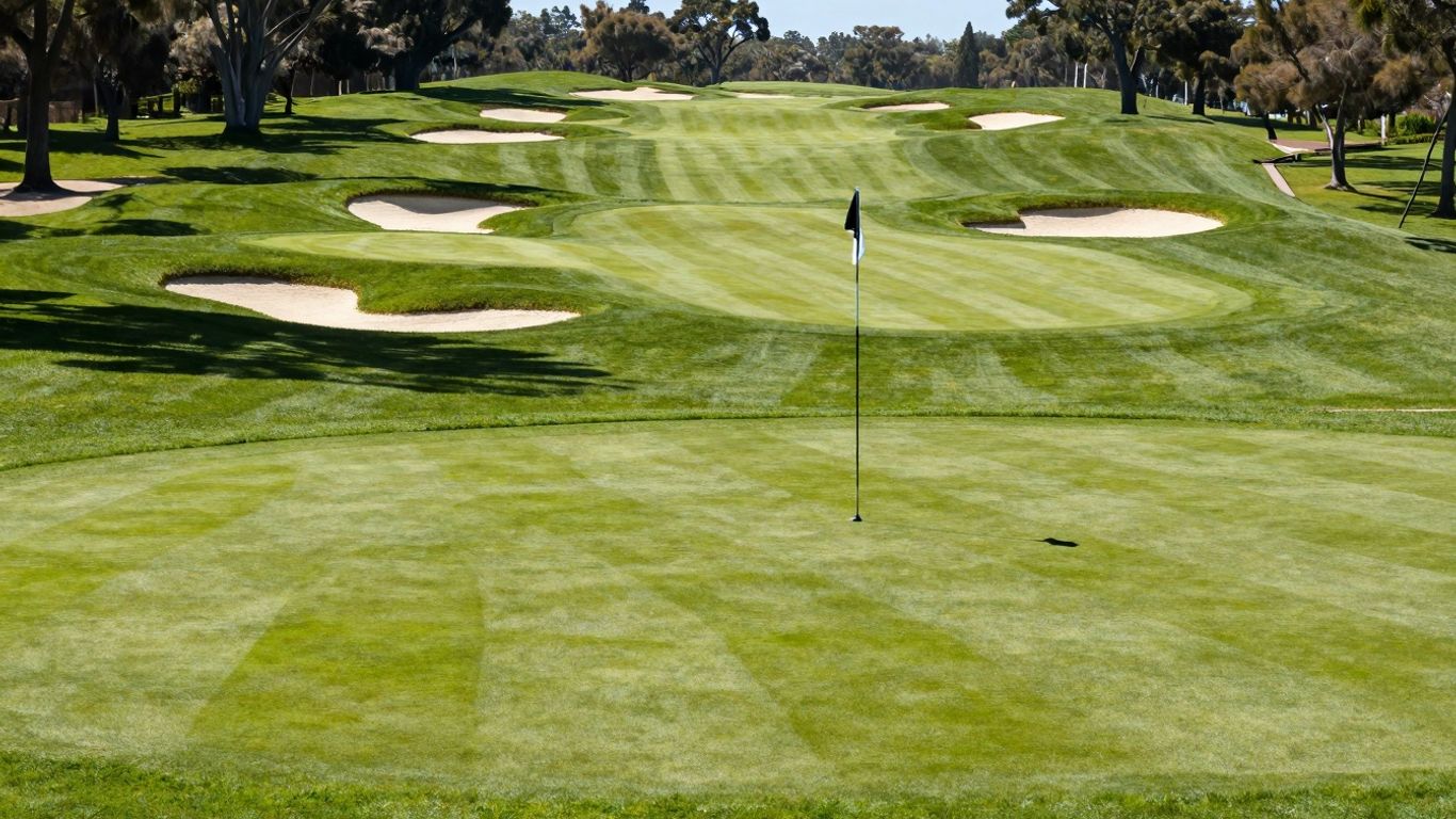 A beautiful, expansive golf course with green fairways and sand traps.