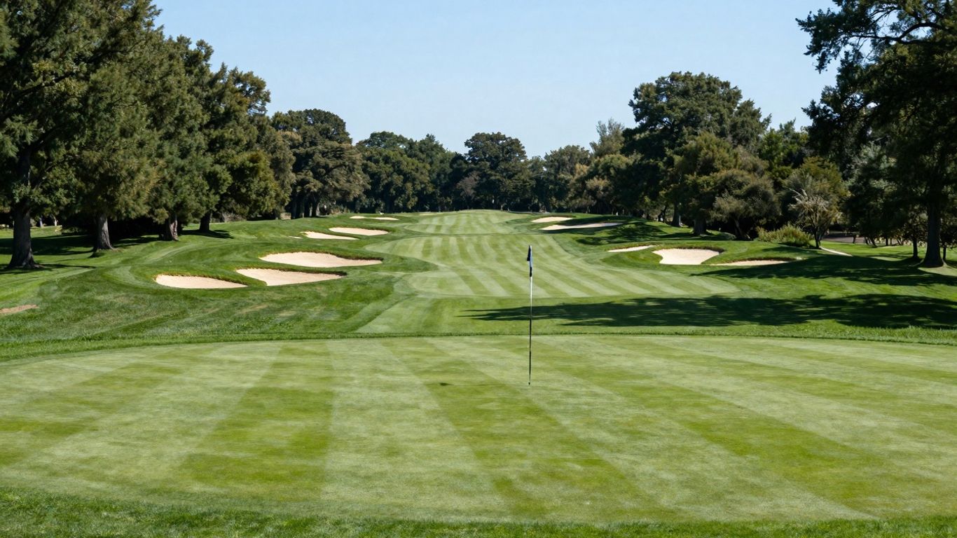 A beautiful, expansive golf course with green fairways and sand traps.