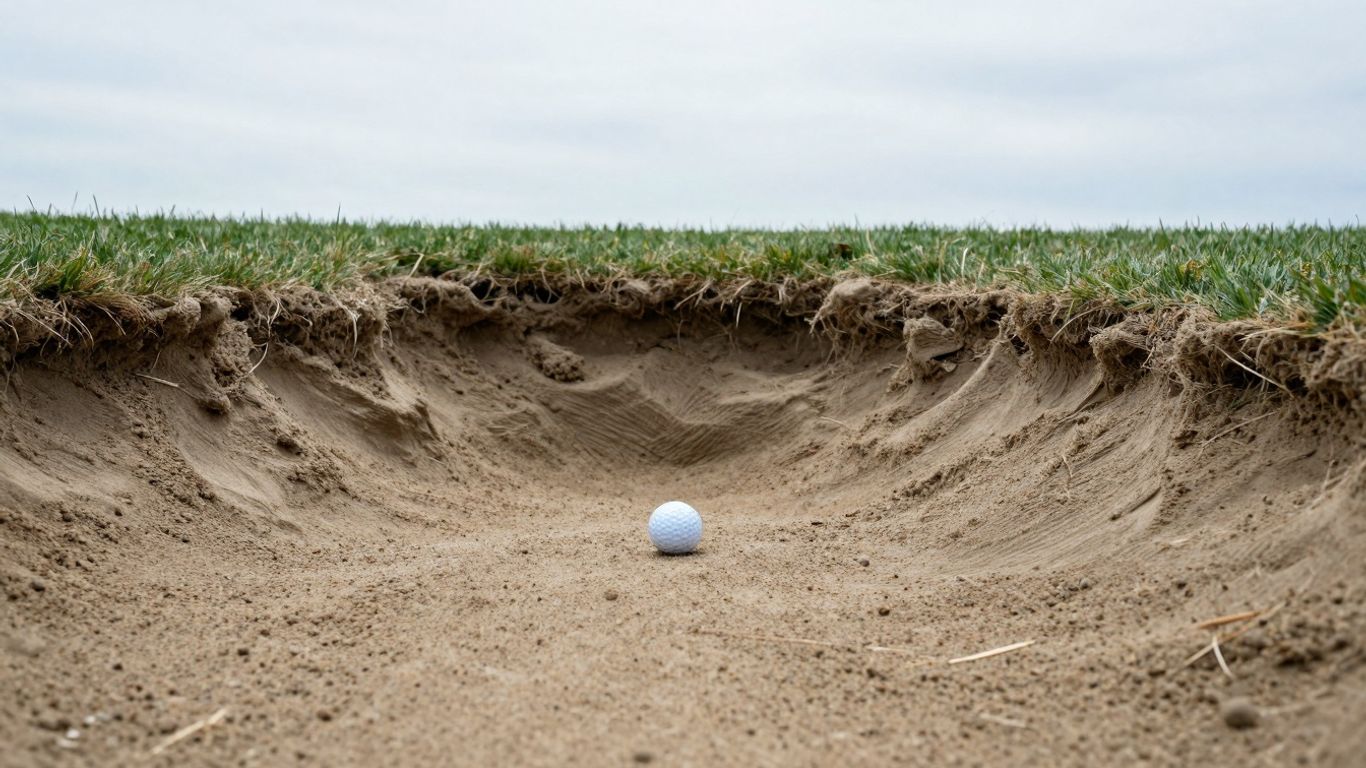 Golf ball near a difficult sand trap on a golf course.