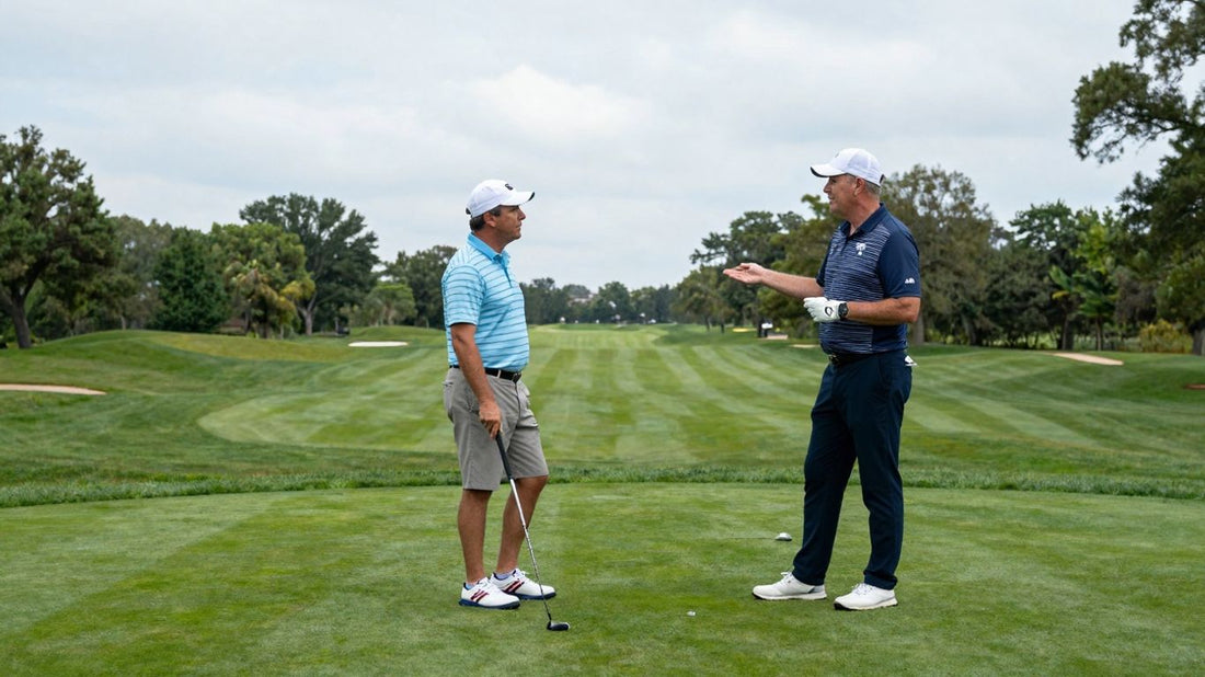 PGA Tour golfers [Riggs] and [Trent] on a golf course.