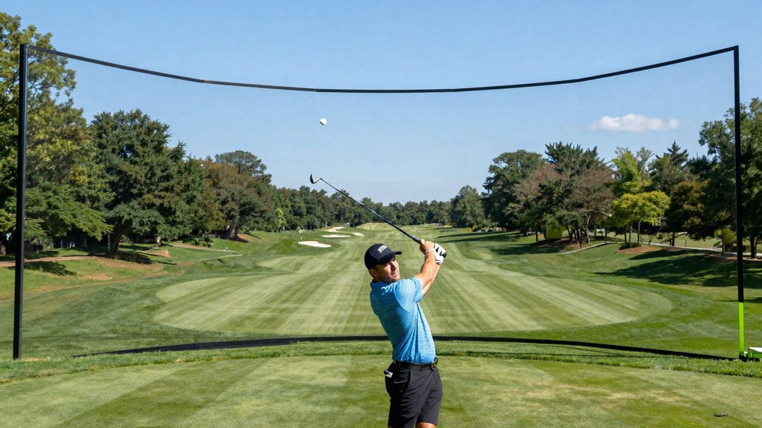 Golfer's shot flies towards a massive simulator screen.