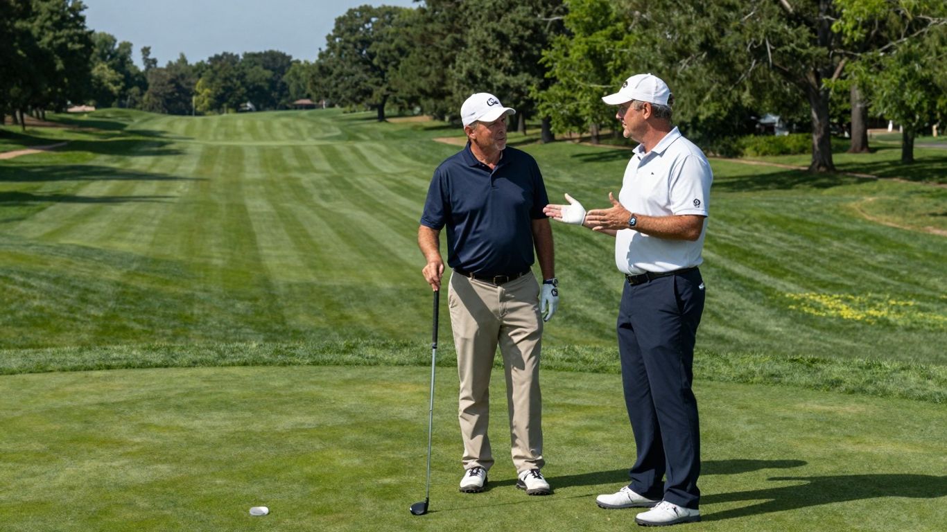 PGA Tour golfers [Riggs] and [Trent] on a golf course.