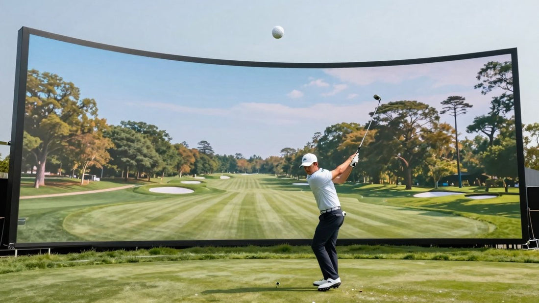 Golfer's shot flies towards a massive simulator screen.